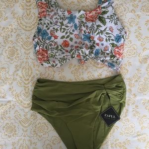 ZAFUL Ruched Knot Plant Print Swimsuit